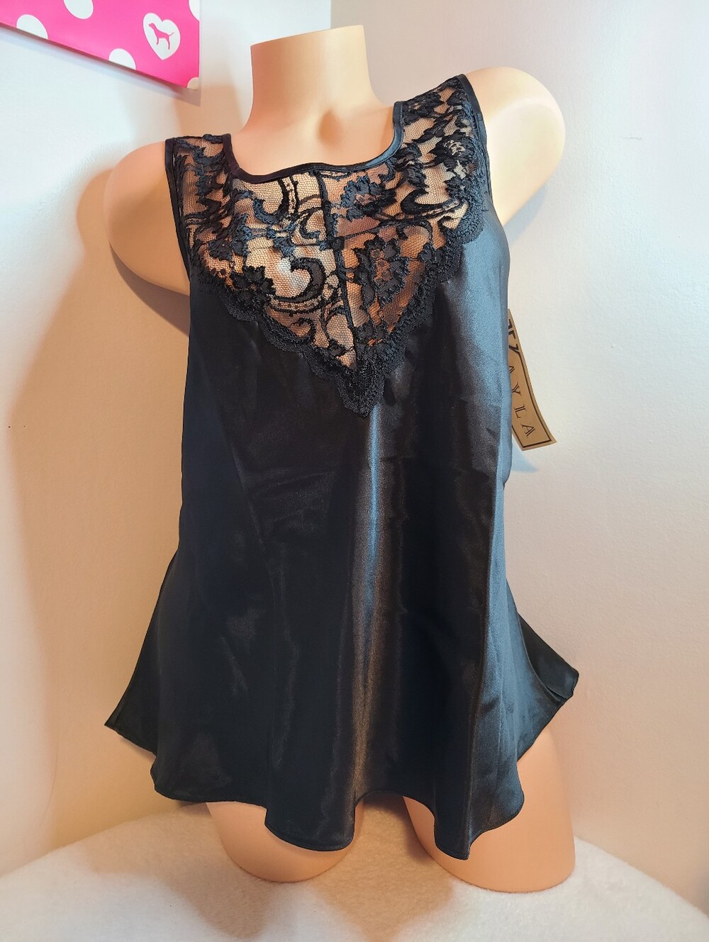 VTG 80s Kayla Silky Satin & Sheer Lace Classic Babydoll Cami Tank Size 1X
